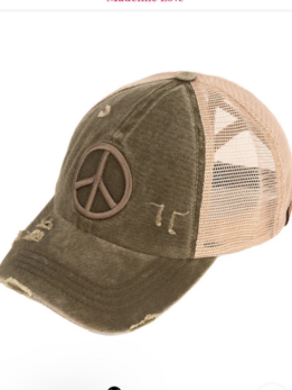 NWOT Green CC Distressed Embroidered Peace Sign Criss Cross High Ponytail Hat - Picture 2 of 12